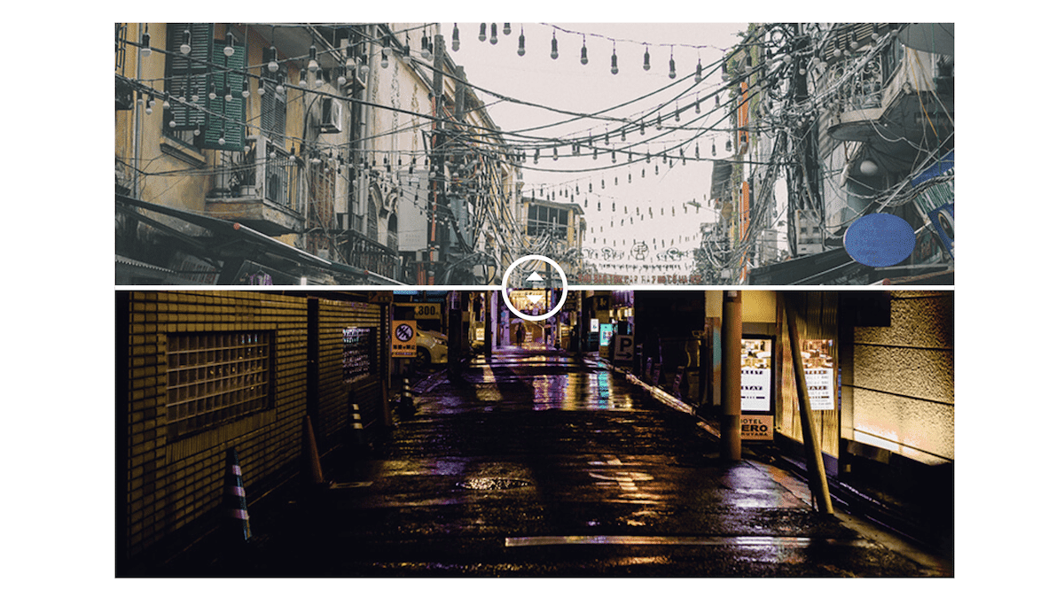 Two contrasting urban scenes are presented vertically. The top image shows a daytime view of a crowded street with buildings and numerous hanging electrical wires and light bulbs. The bottom image depicts a dimly lit, wet alleyway at night with neon signs and vending machines visible in the distance.