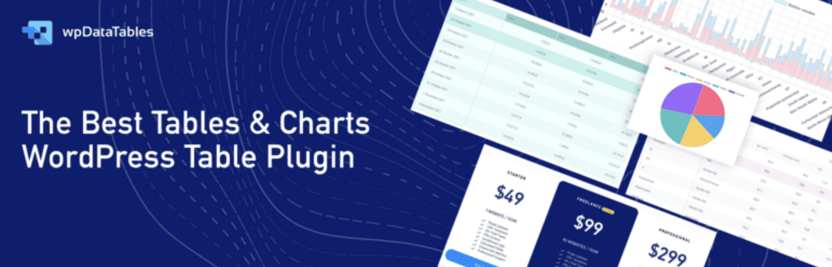 The wpDataTables plugin header image from WordPress.org. The banner features a dark blue background with the plugin logo and text The Best Tables & Charts WordPress Table Plugin. Sample tables, charts, and pricing plans are displayed floating on the right side of the image.