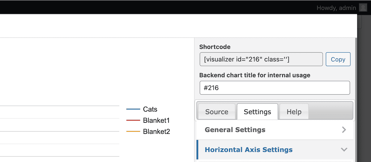 A portion of the Visualizer plugin interface that shows chart settings and a shortcode. The shortcode appears in a text box with a Copy button beside it. Below, there are tabs for Source, Settings, and Help, with expandable sections for General Settings and Horizontal Axis Settings visible.