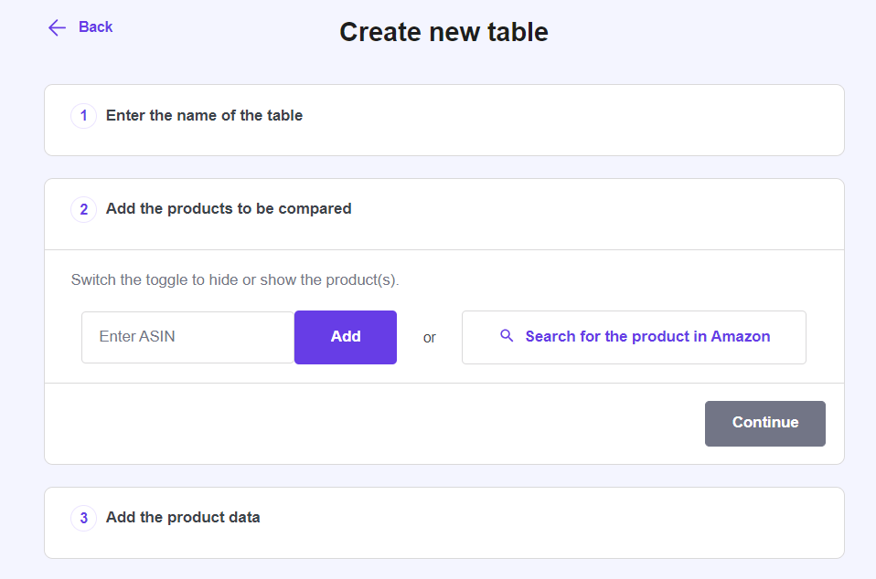 The add a new product option in creating comparison table using Hostinger Amazon Affiliate Connector plugin