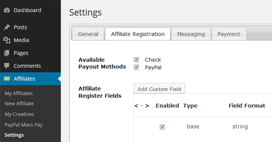 Affiliates Manager's interface