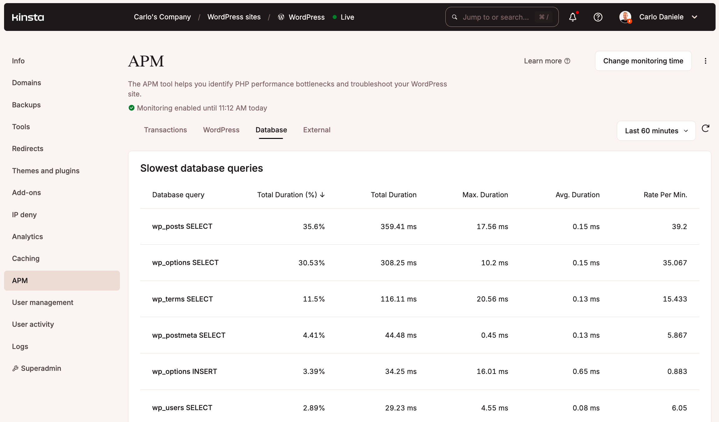 Slowest database queries in MyKinsta