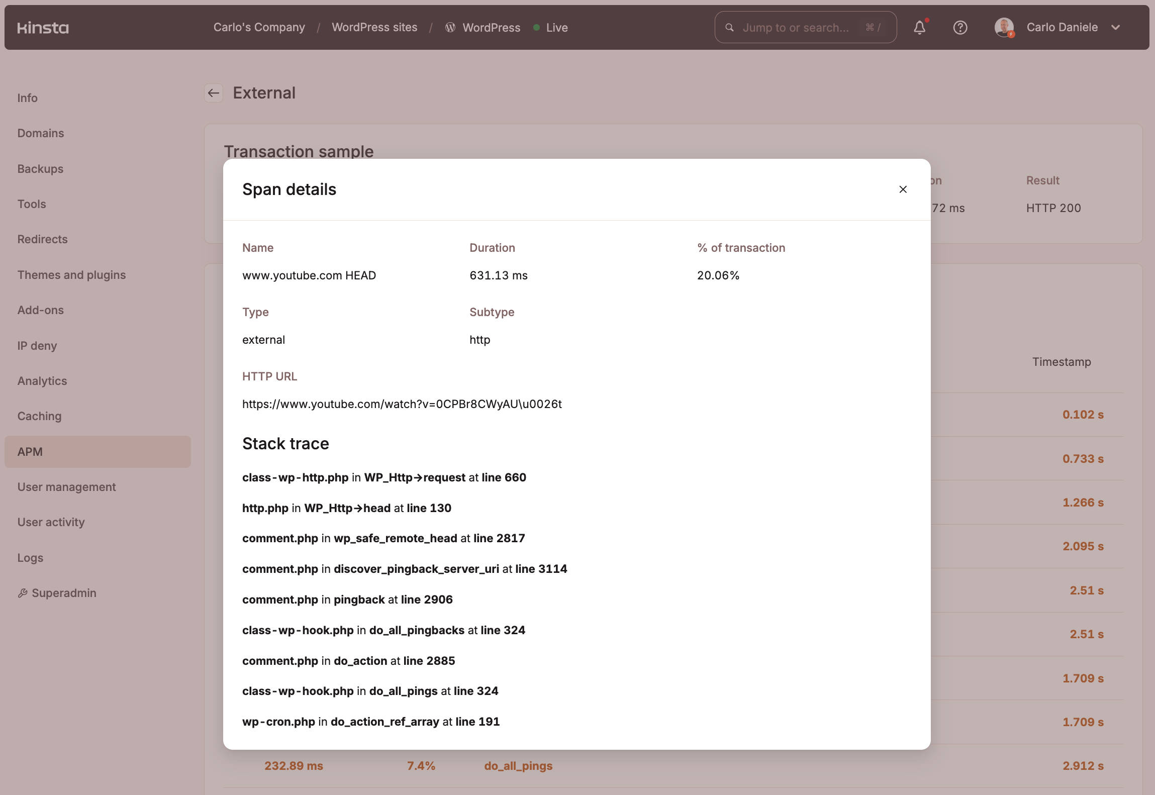 Span details and stack trace for an external request