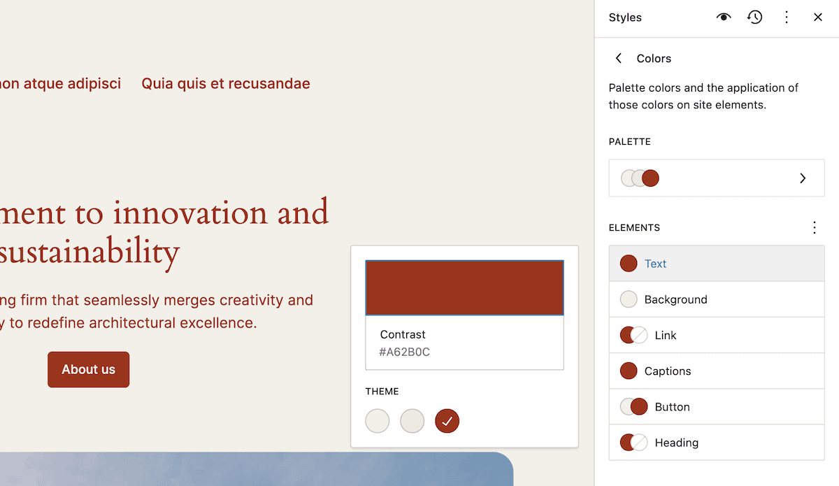 The WordPress Site Editor, with the left-hand side displaying part of a website's content using text in a dark red color. On the right, the Styles panel focuses on the Colors settings. It includes a color palette selector and options to customize colors for various site elements such as text, background, links, and buttons. A contrast checker is also visible, showing the hex code #A62B0C for the selected color theme.