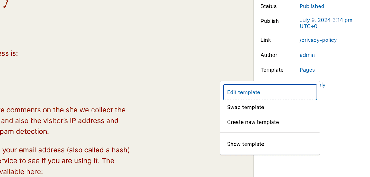 The WordPress Block Editor showing details for a published page including status, publish date, link, author, and template. There is a drop-down menu open with options to edit, swap, show, or create a new template.