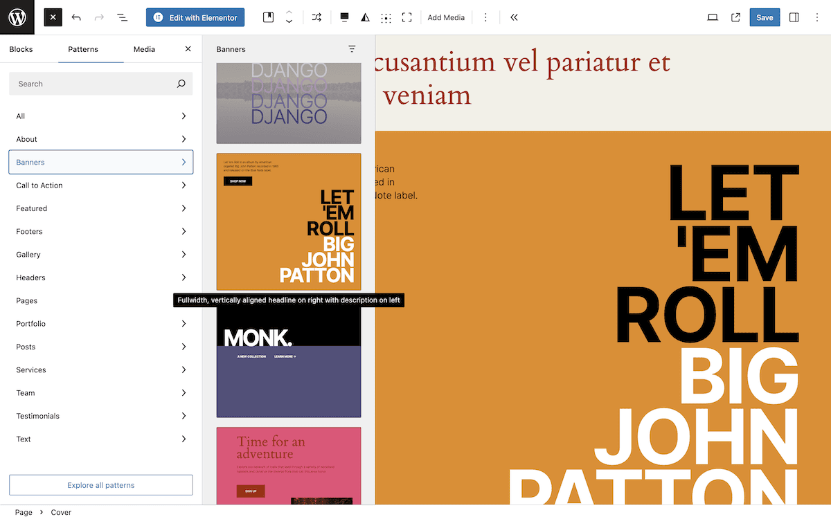 The WordPress Block Editor interface showing a sidebar menu of block elements and patterns on the left, with a preview of various banner designs on the right. The main banner displayed features the bold text LET 'EM ROLL BIG JOHN PATTON on an orange background.