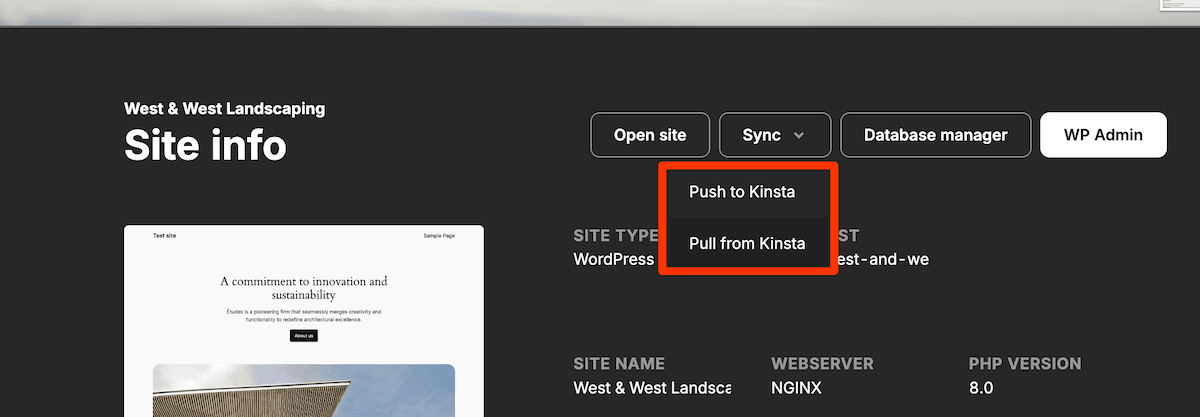 The DevKinsta interface displaying site information and controls. The Sync button drop-down menu is open, showing options to Push to Kinsta and Pull from Kinsta.