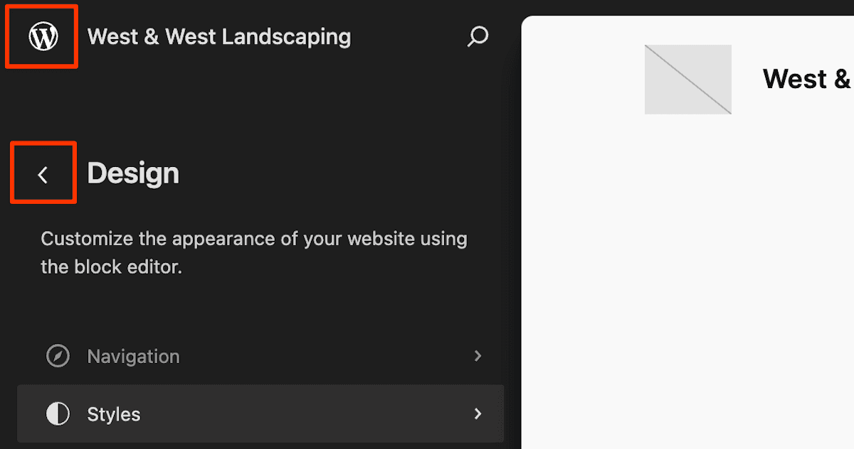 The WordPress Site Editor’s Design screen. There are options for Navigation and Styles visible. The WordPress logo and a back arrow are highlighted in the top left-hand corner.