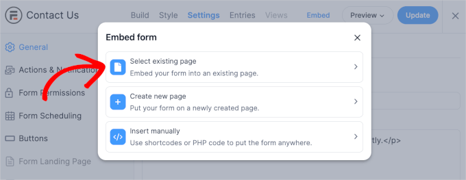 Select existing page option for embedding a Formidable Forms' contact form