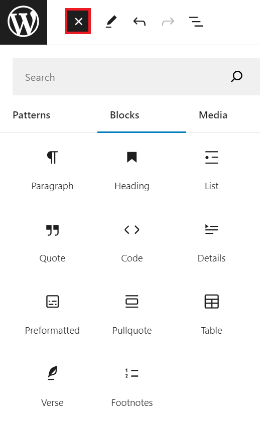 Accessing the Toggle block inserter option in the WordPress template editor