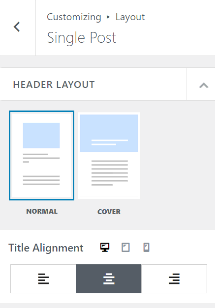 Opening the HEADER LAYOUT section of Single Post in the WordPress customizer