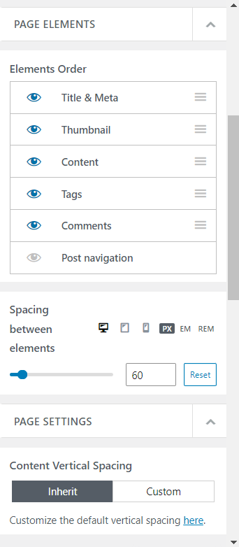 Opening the PAGE ELEMENTS and PAGE SETTINGS sections of Single Post in the WordPress customizer