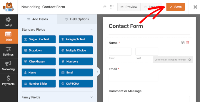 The Save button on WPForms' form builder interface