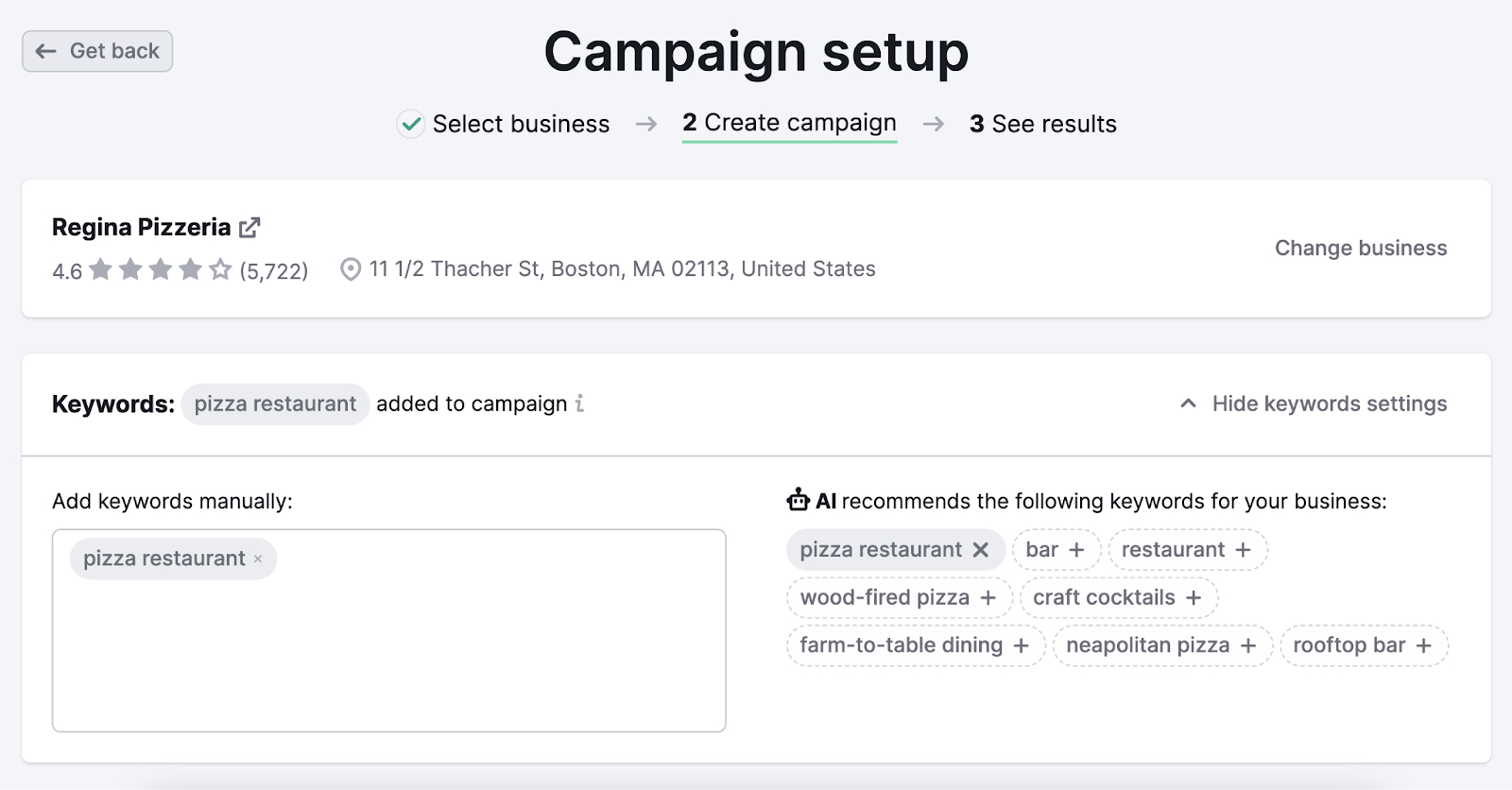 campaign setup with keywords area