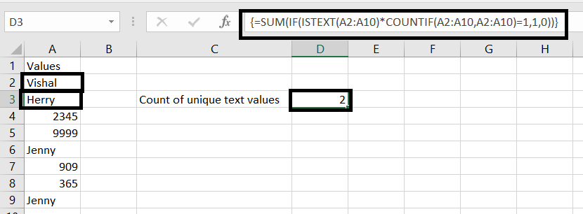 Count unique text values in Excel.