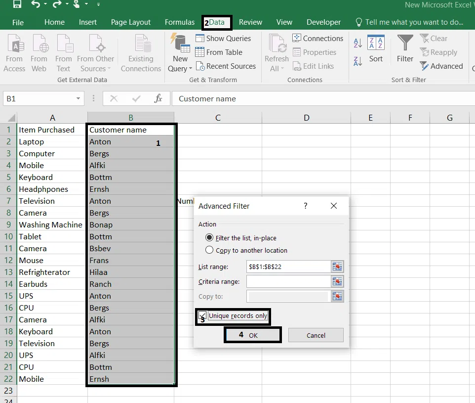 Selecting advanced filter from the data tab 