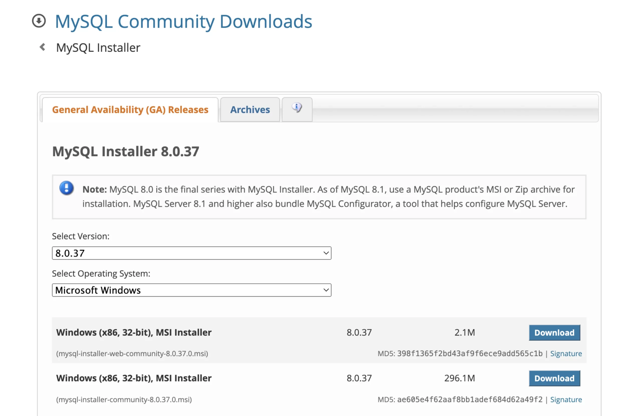 MySQL Community Downloads page showing MySQL Installer 8.0.37 options for Windows, with download links and file details.