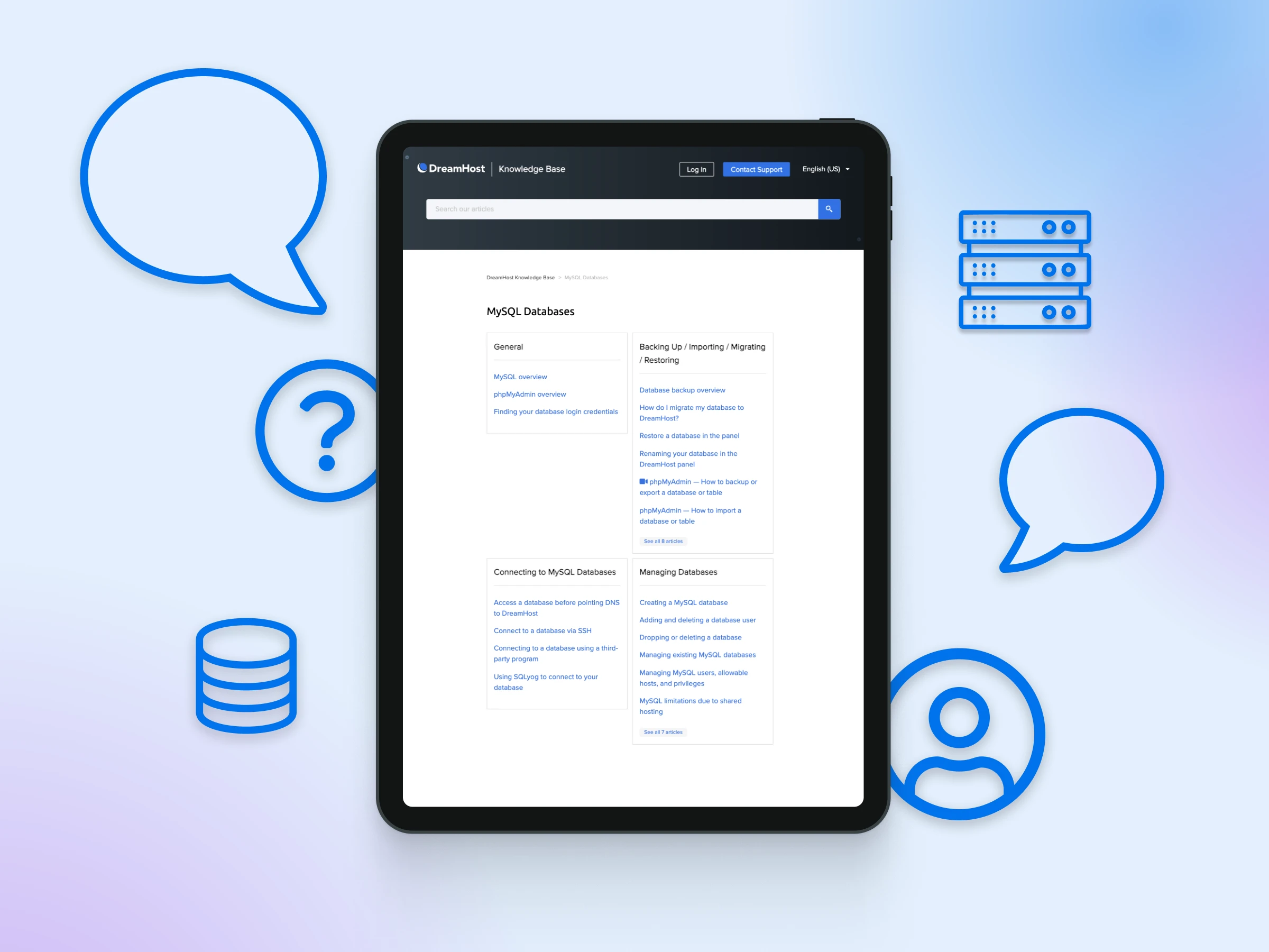 Tablet displaying DreamHost Knowledge Base page on MySQL Databases, with icons of chat bubbles, servers, and users around it.