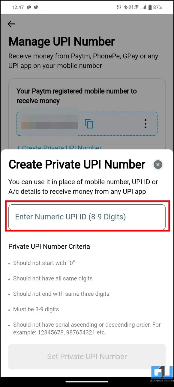 Create Private UPI Number