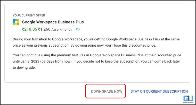 downgrade Google workspace plan