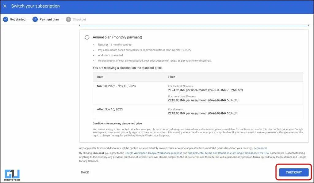 downgrade Google workspace plan