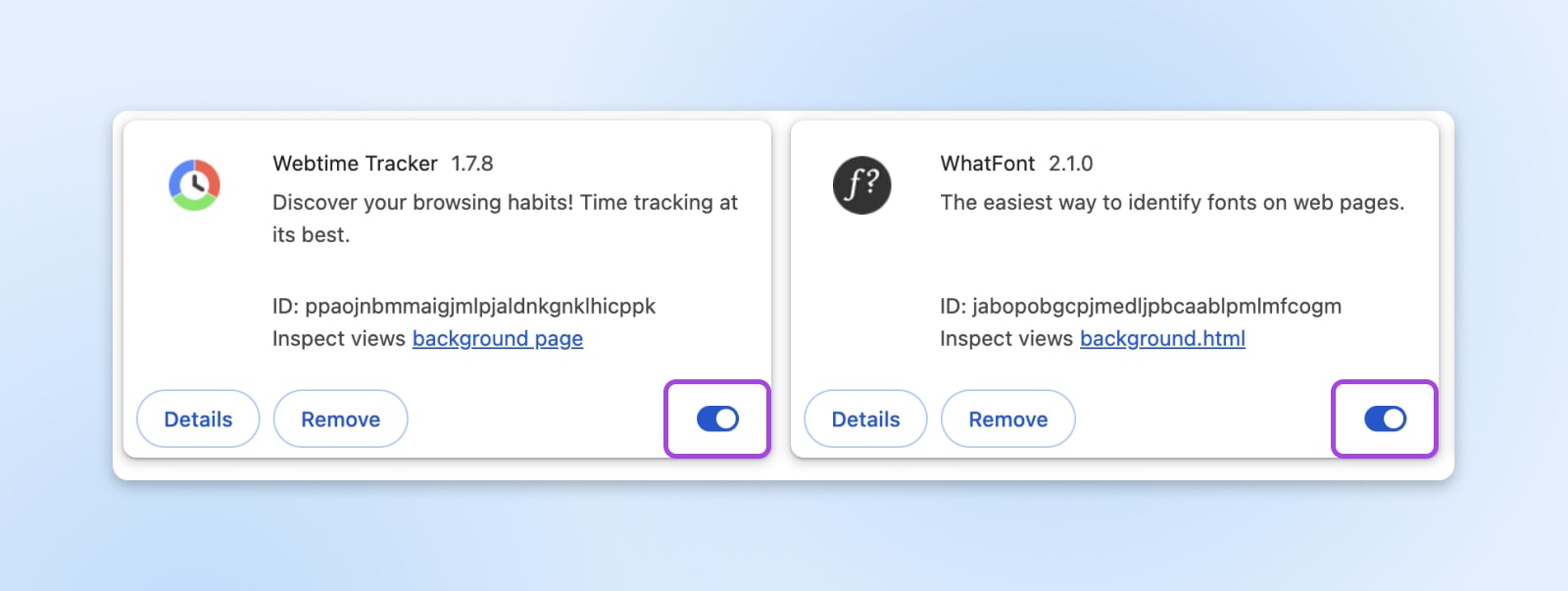 screenshot of two extensions in extension management menu noting the toggle in the lower right-hand corner of each box