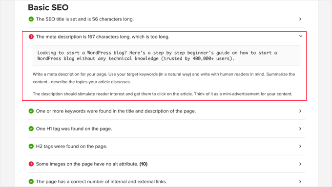 Basic SEO Report in SEO Analyzer