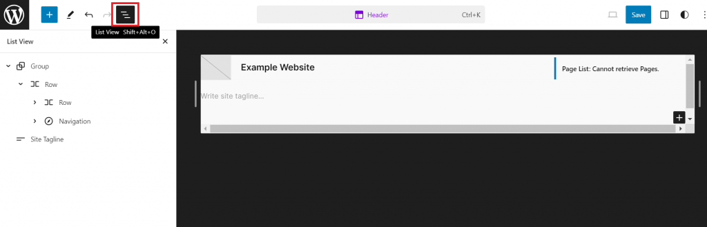 The List View button in WordPress Site Editor