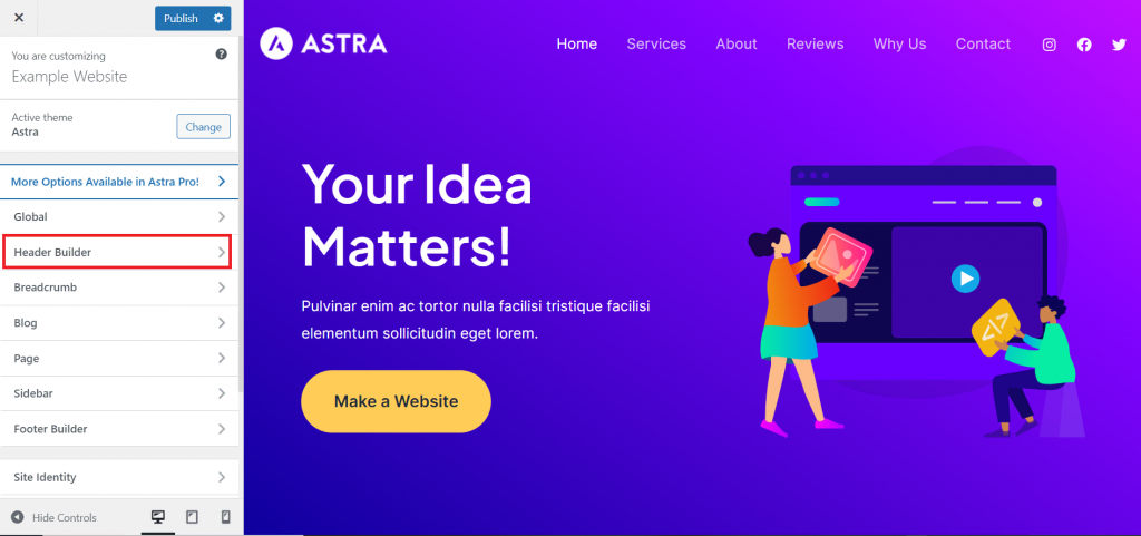 The Header Builder menu highlighted in the Astra theme's theme builder.