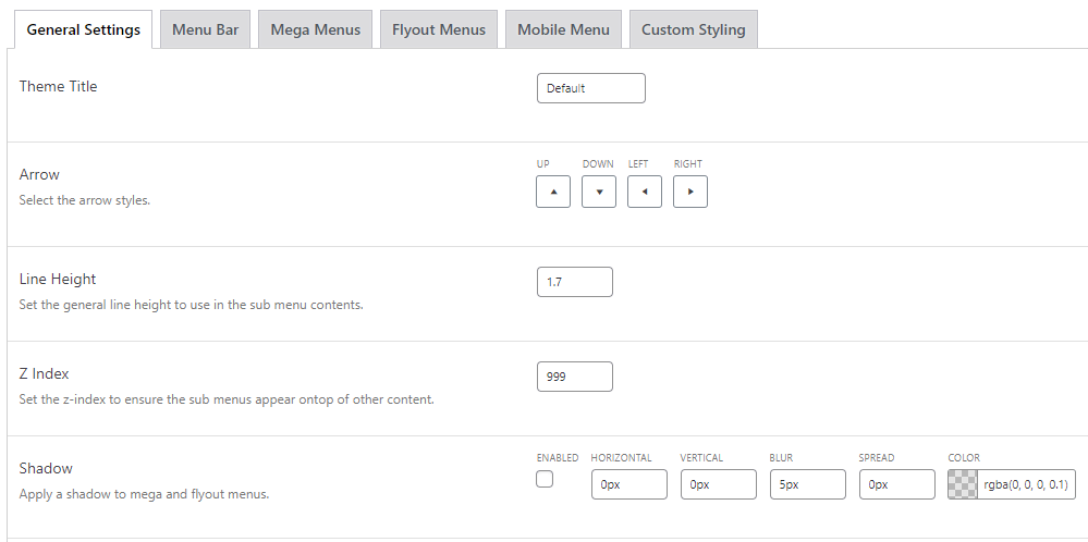 The General Settings for Menu Themes in the Max Mega Menu interface
