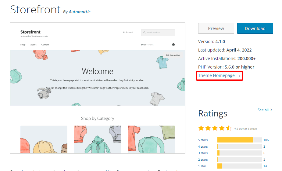 The Theme Homepage link on the WordPress theme listing page