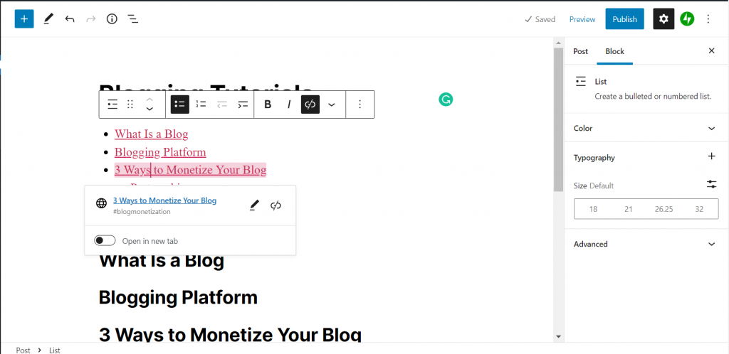 Screenshot of the successfully linked internal sections of a WordPress post.