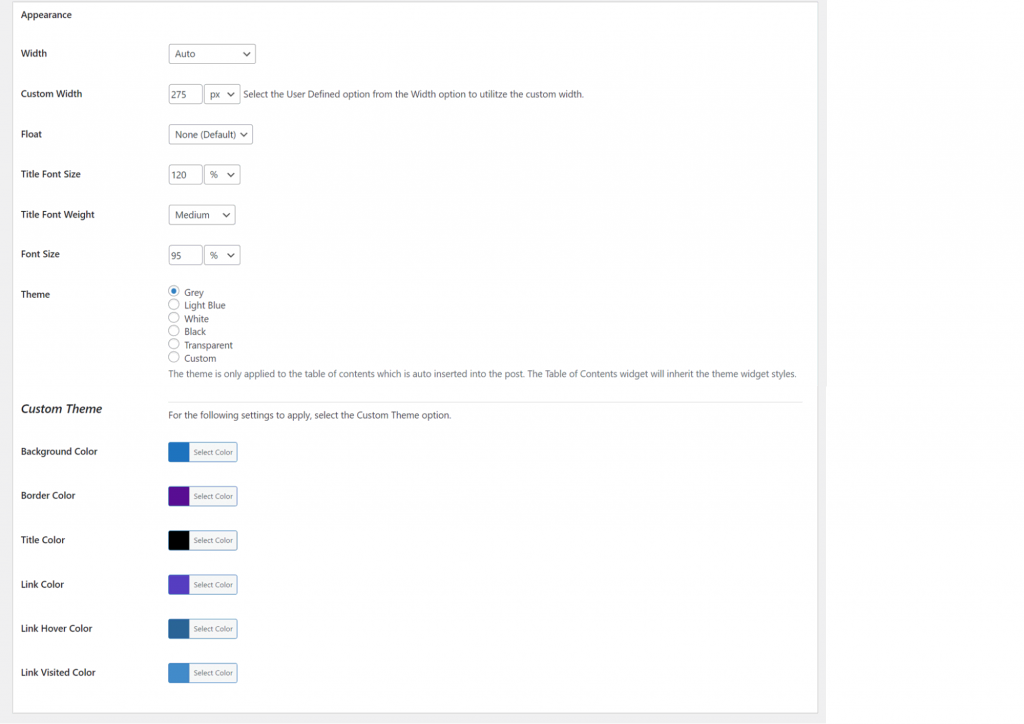 Screenshot of the Easy Table of Contents' appearance settings section