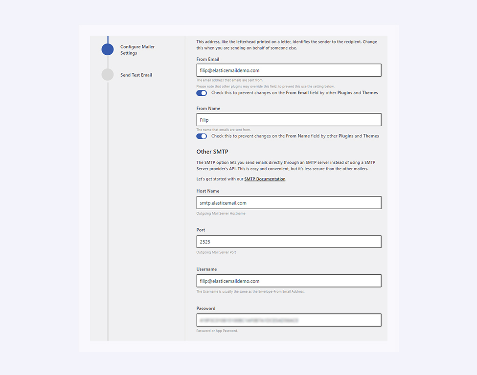 Image presents smtp configuration of Elastic Email with Postman SMTP