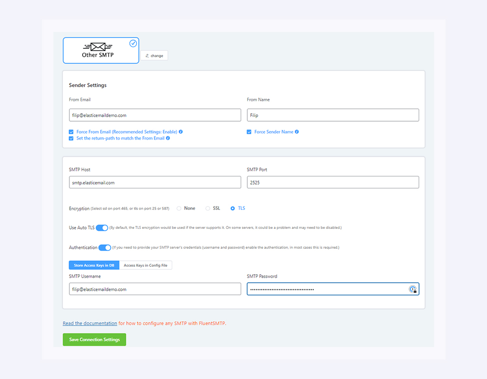 Image presents how to configure Fluent SMTP plugin with Elastic Email software