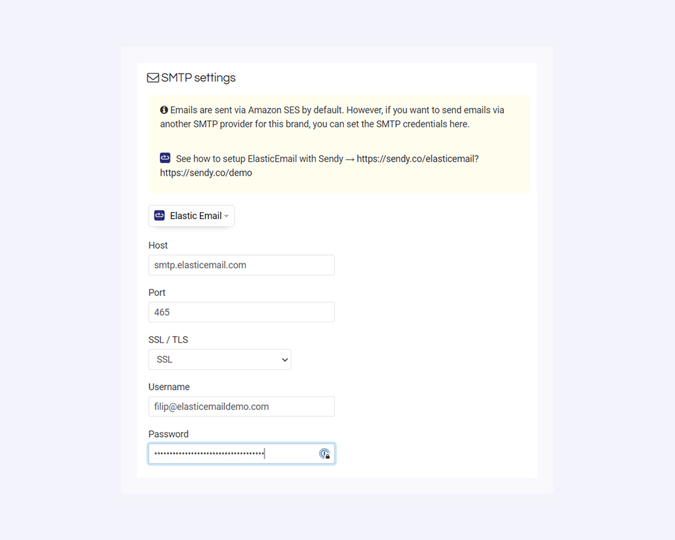 Image presents how to configure sendy with Elastic Email credentials