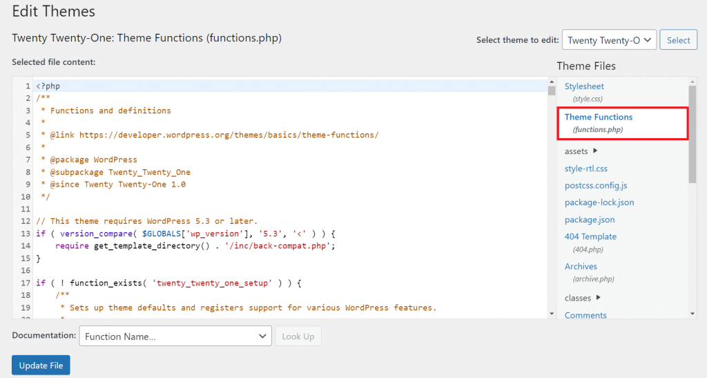 Editing the WordPress functions.php file using the Theme File Editor