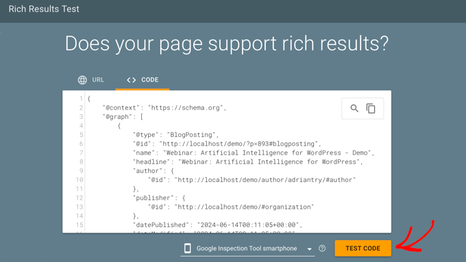 Testing Code in Google Rich Results Test