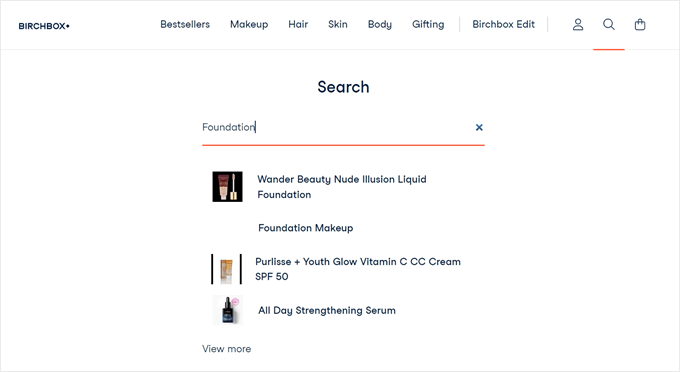 Example of a good search function by Birchbox