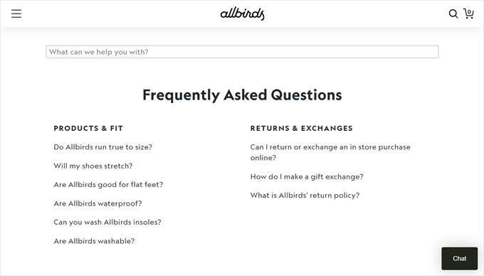 Example of a help center in Allbirds website