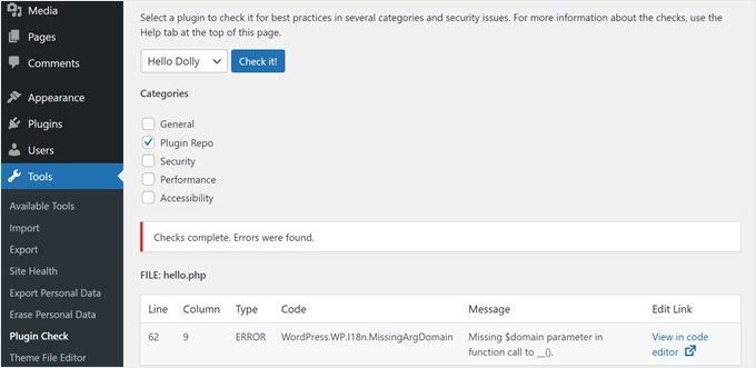 Plugin Check interface